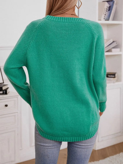 Decorative Button Round Neck Raglan Sleeve Sweater - adritiX