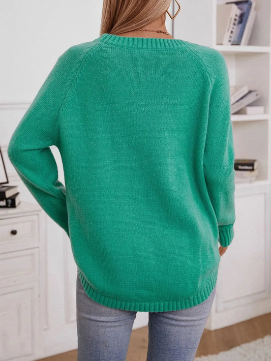 Decorative Button Round Neck Raglan Sleeve Sweater - adritiX