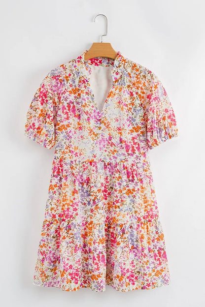 Floral Puff Sleeve Notched Tiered Mini Dress - adritiX