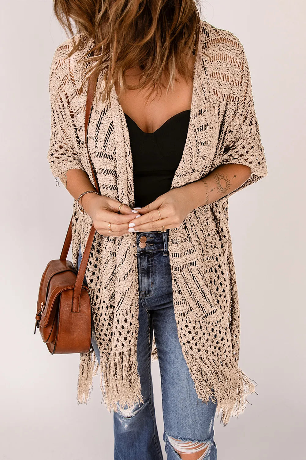 Openwork Open Front Cardigan with Fringes - adritiX