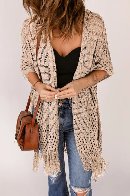 Openwork Open Front Cardigan with Fringes - adritiX