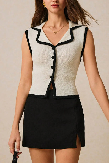 Contrast Trim Button Front Sweater Vest - adritiX