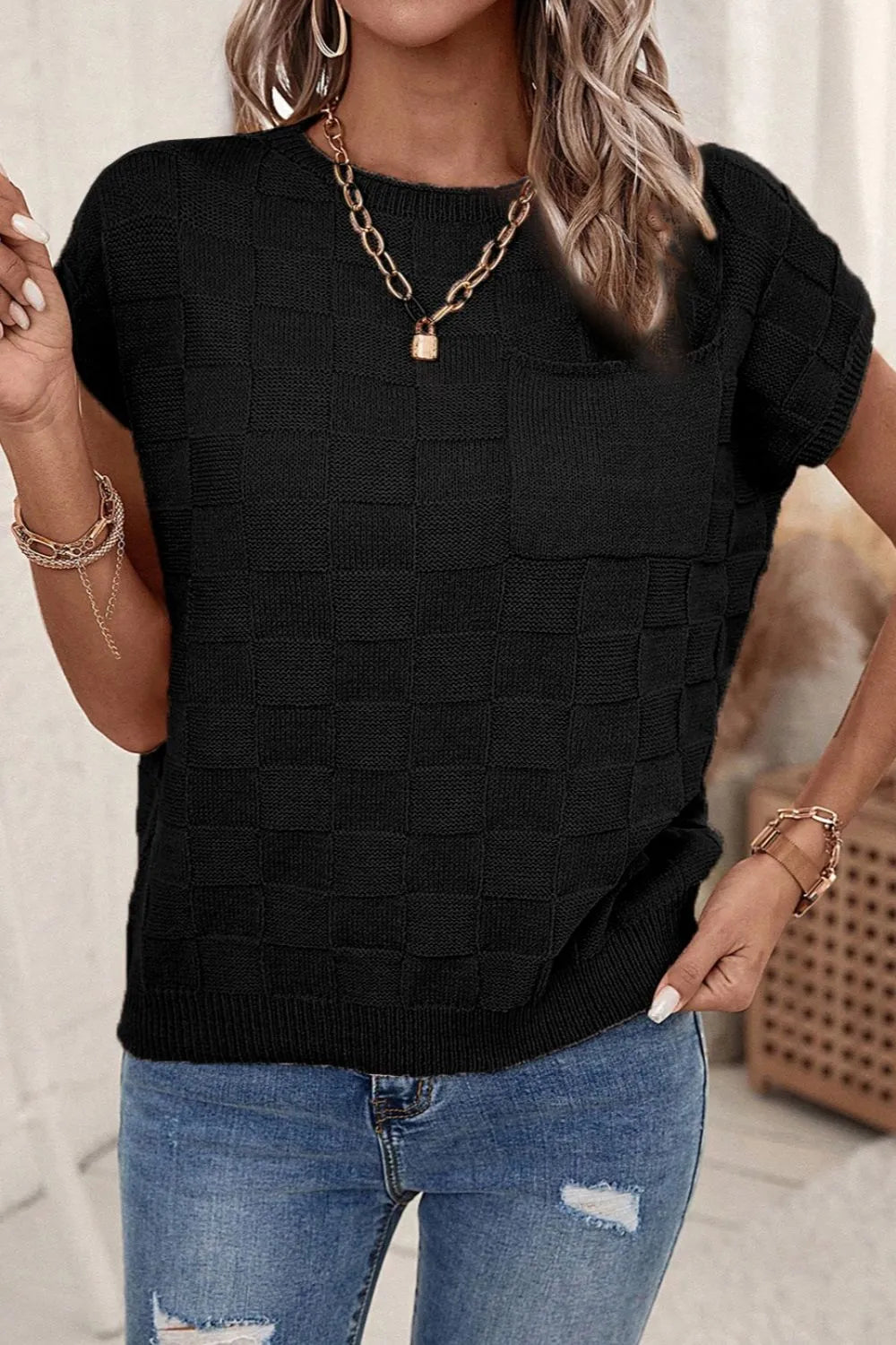 Pocketed Checkered Round Neck Knit Top - adritiX