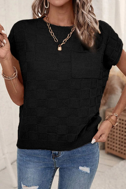 Pocketed Checkered Round Neck Knit Top - adritiX