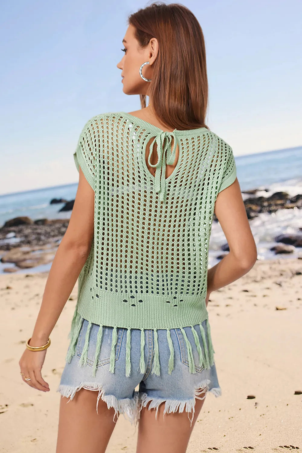 Openwork Cap Sleeve Knit Cover Up with Tassel - adritiX