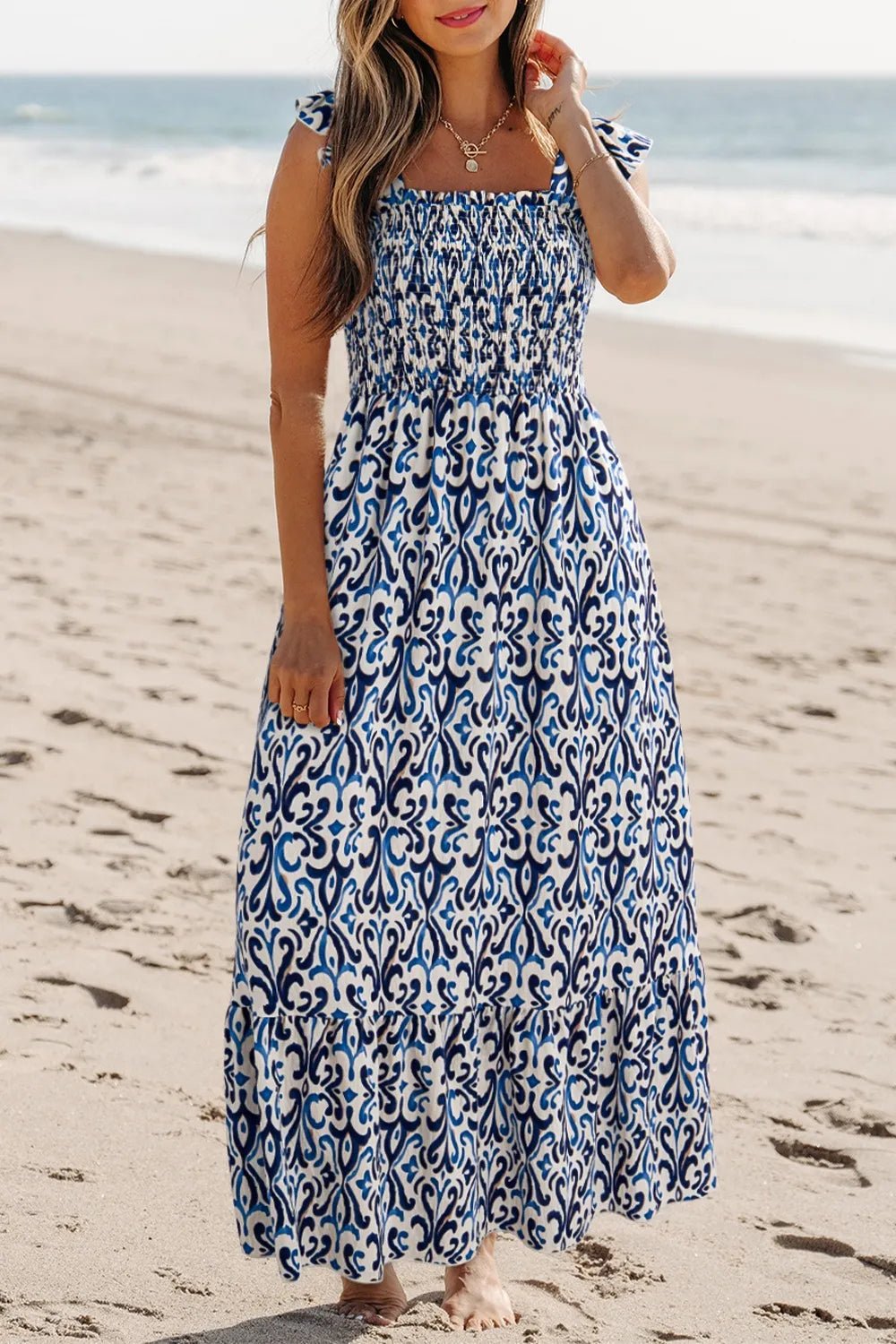 Smocked Printed Square Neck Dress - adritiX
