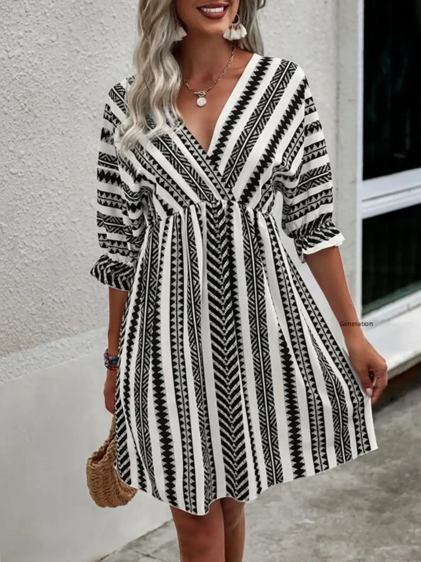 Geometric Print V-Neck Mini Dress - adritiX