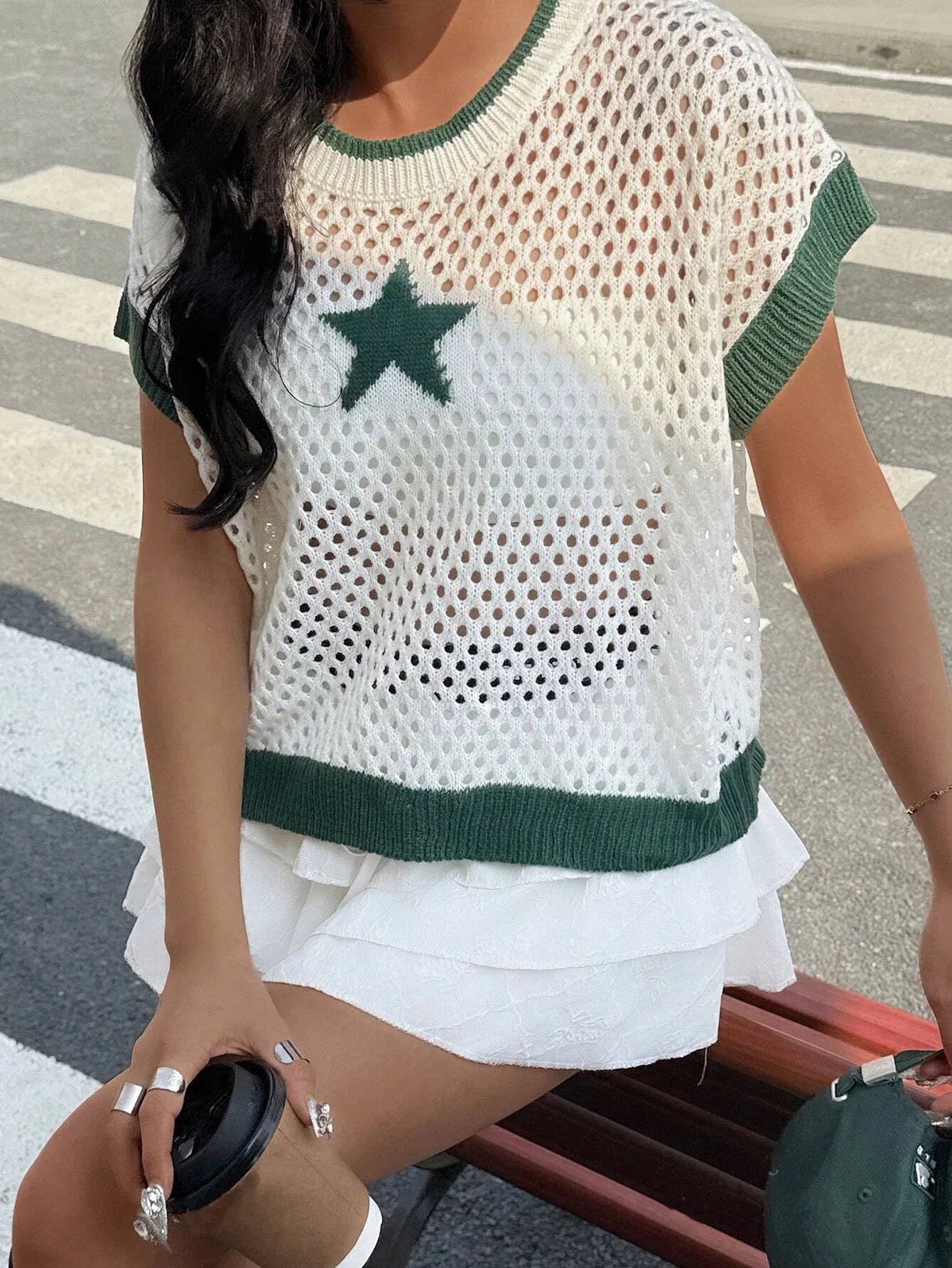 Star Pattern Mesh Knit Short Sleeve Knit Top - adritiX