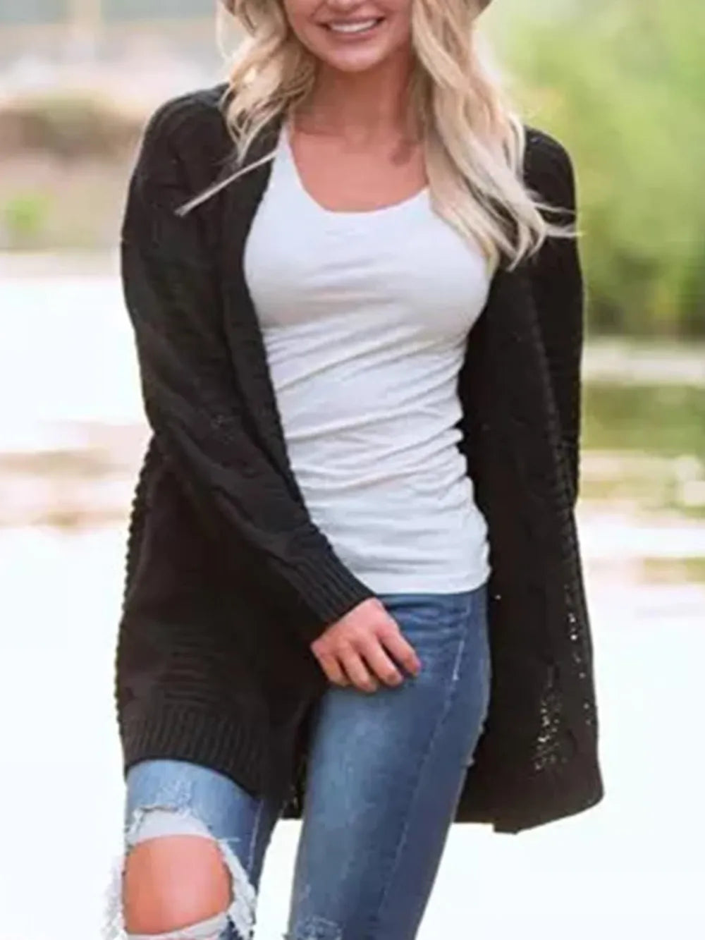 Cable-Knit Open Front Long Sleeve Cardigan - adritiX