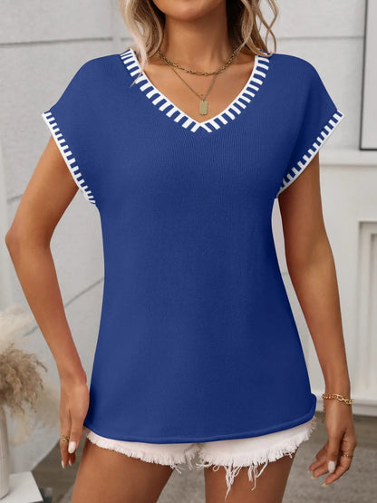 Contrast Trim V-Neck Short Sleeve Knit Top - adritiX