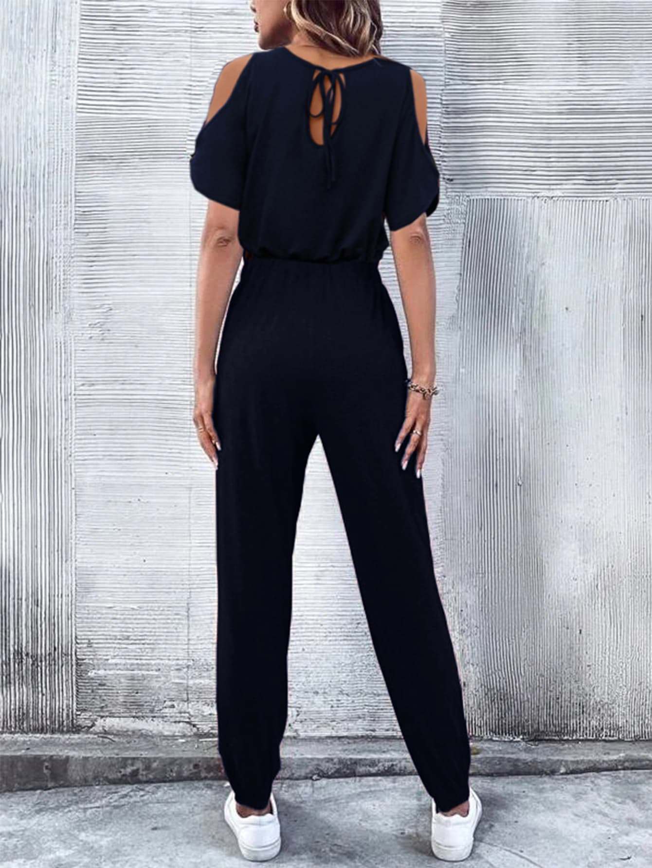 Elegant V-Neck Cold-Shoulder Jumpsuit with Pockets - adritiX