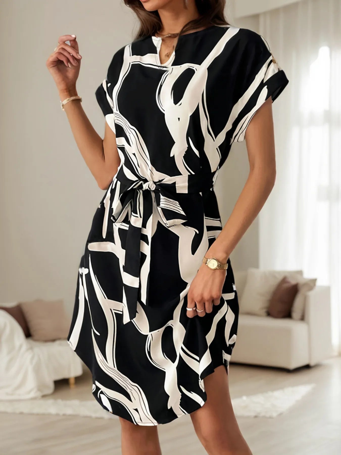 Abstract Print Belted Short Sleeve Midi Dress - adritiX