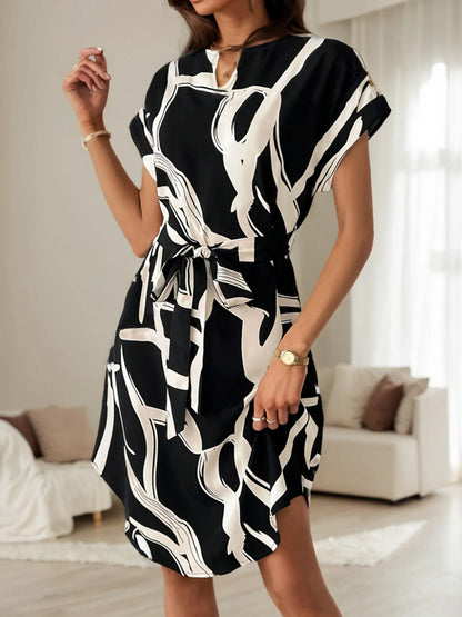 Abstract Print Belted Short Sleeve Midi Dress - adritiX