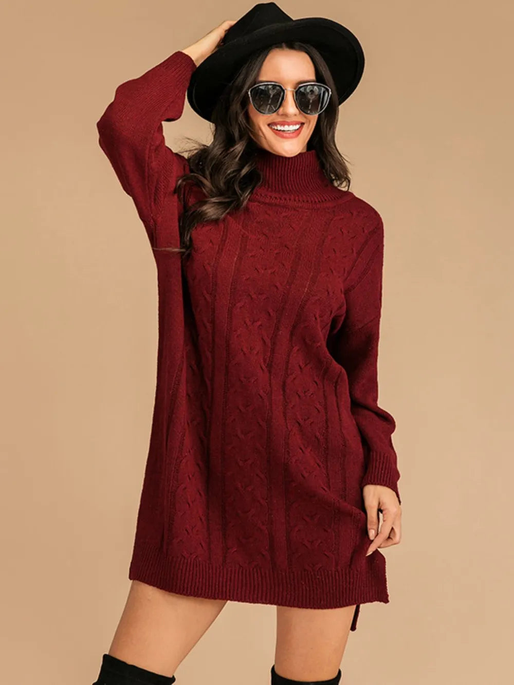 Perfee Slit Turtleneck Long Sleeve Mini Sweater Dress - adritiX