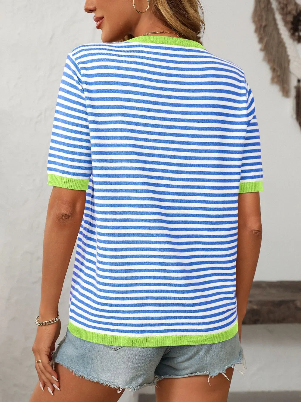 Mandy Striped Round Neck Half Sleeve Knit Top - adritiX