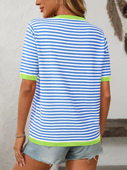 Mandy Striped Round Neck Half Sleeve Knit Top - adritiX