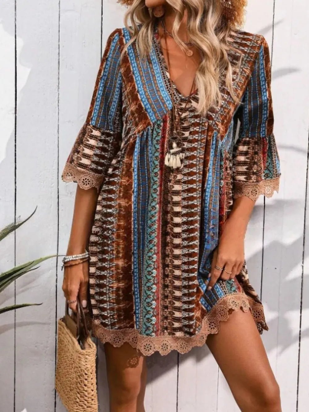 Elegant Lace Trim Printed V-Neck 3/4 Sleeve Dress - adritiX
