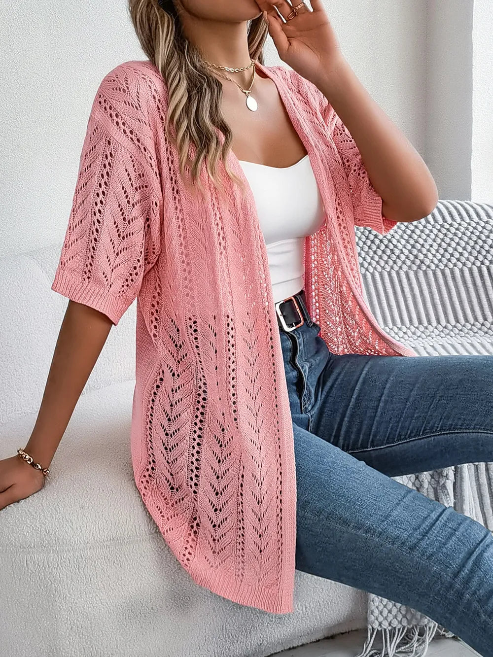 Openwork Open Front Half Sleeve Cardigan - adritiX