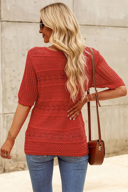 Elegant Openwork Round Neck Half Sleeve Knit Top - adritiX