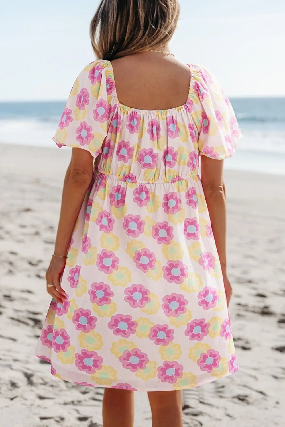 Floral Square Neck Puff Sleeve Pleated Flared Midi Dress - adritiX