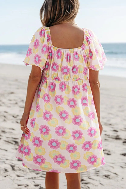 Floral Square Neck Puff Sleeve Pleated Flared Midi Dress - adritiX