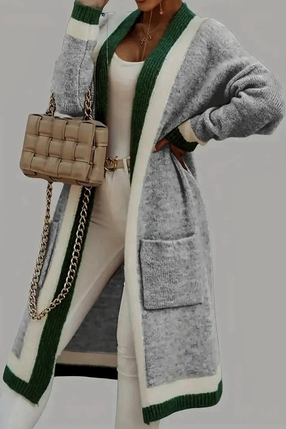 Pocketed Contrast Long Sleeve Hooded Cardigan - adritiX