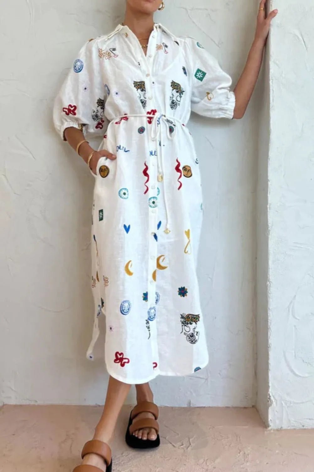 Printed Button-Up Midi Shirt Dress - adritiX