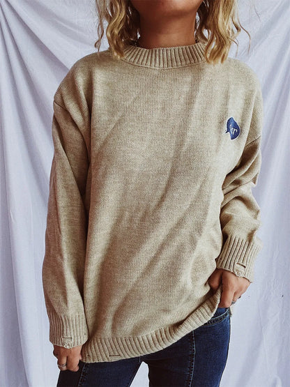 Embroidered Round Neck Dropped Shoulder Sweater - adritiX