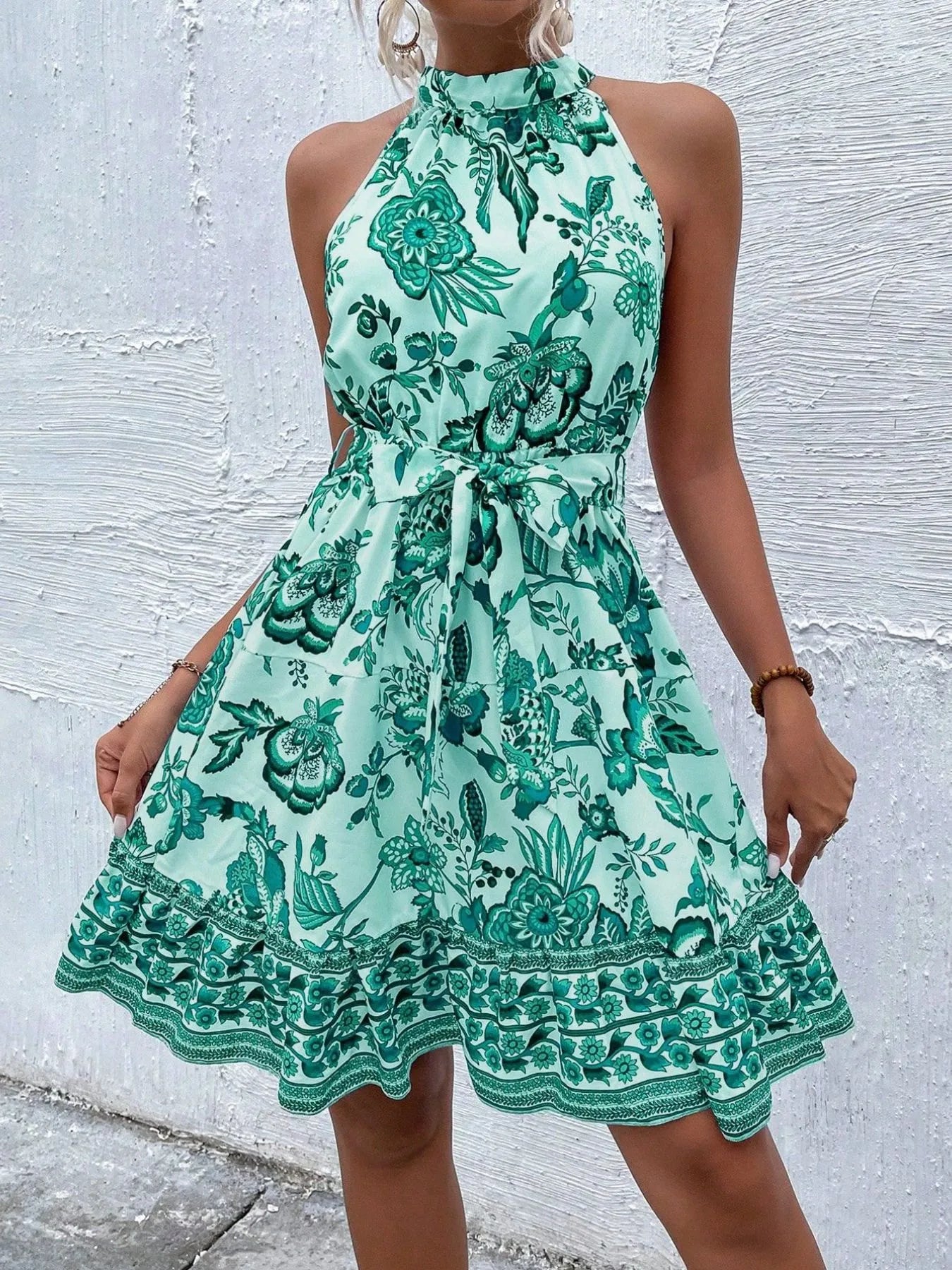 Floral Halter Neck Summer Dress with Belt - adritiX