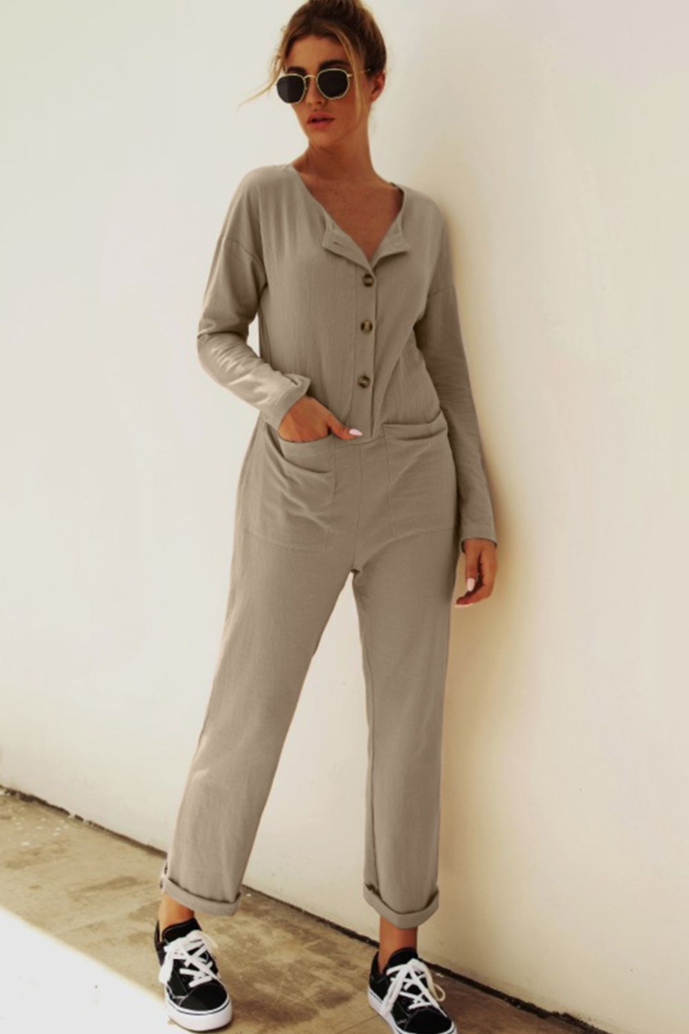 Elegant Buttoned Drop Shoulder Pocket Jumpsuit - adritiX