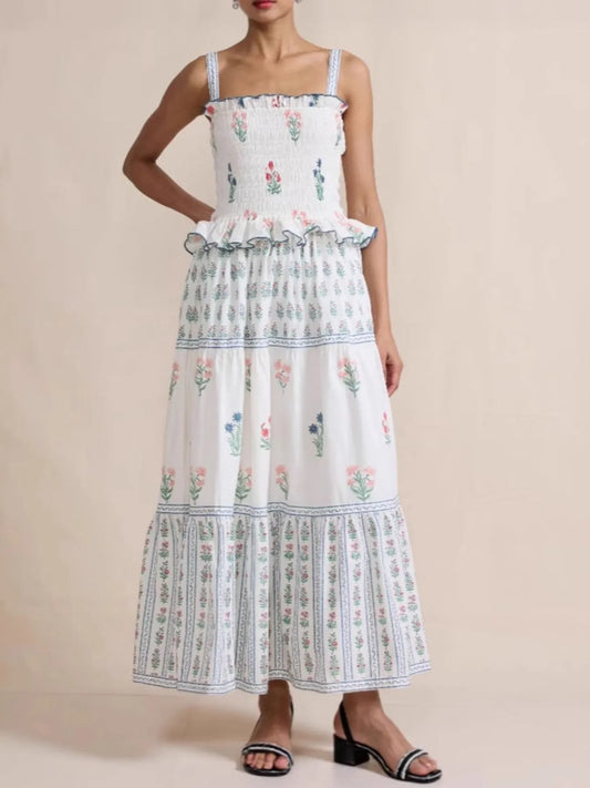 Bohemian Floral Print Smocked Tiered Maxi Dress - adritiX