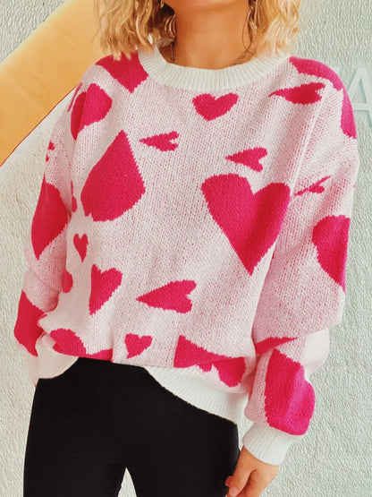 Heart Round Neck Long Sleeve Sweater - adritiX