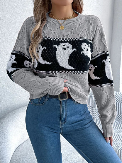 Ghost Round Neck Long Sleeve Sweater - adritiX
