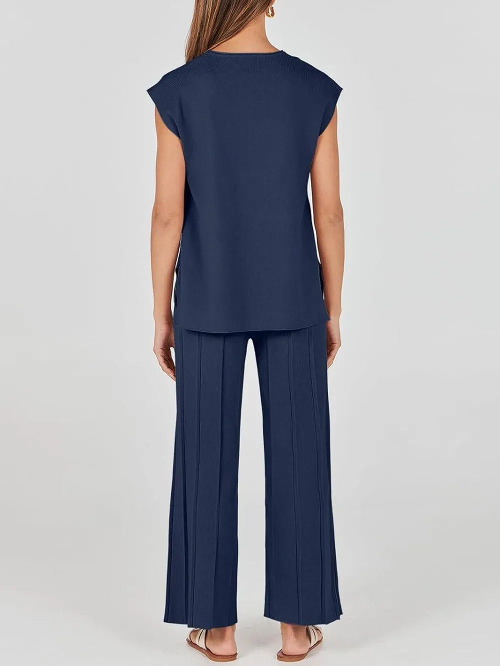 Round Neck Cap Sleeve Top and Pants Knit Set - adritiX