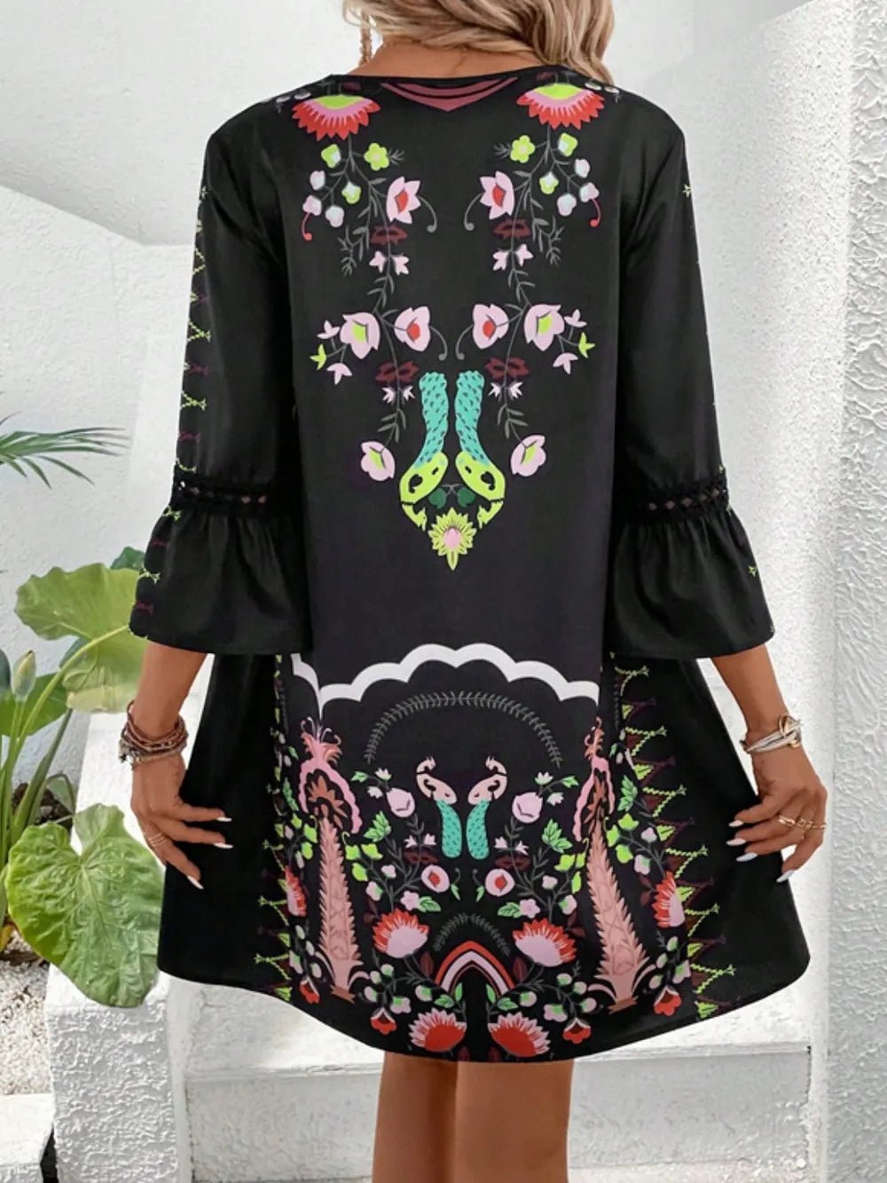 Lace Detail Printed Three-Quarter Sleeve Dress - adritiX