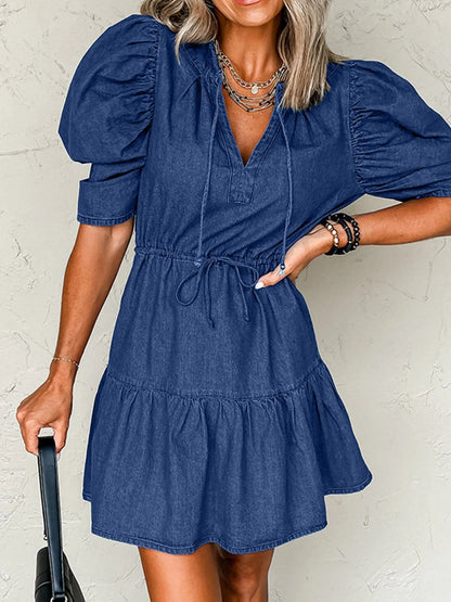 Drawstring High Waist Puff Sleeve Denim Mini Dress - adritiX