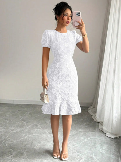 Ruffled Hem Flower Round Neck Short Sleeve Dress - adritiX