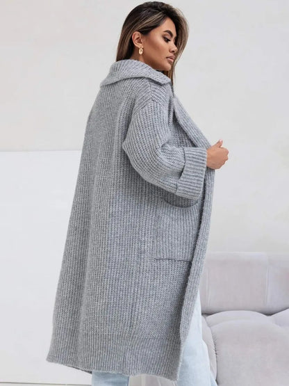 Pocketed Collared Neck Dropped Shoulder Cardigan - adritiX