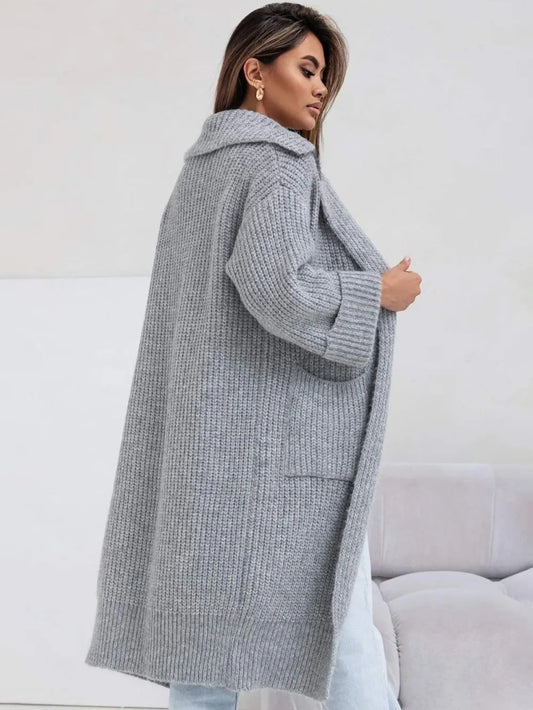 Pocketed Collared Neck Dropped Shoulder Cardigan - adritiX