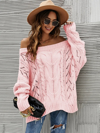 Cable Knit Openwork Off-Shoulder Sweater - adritiX