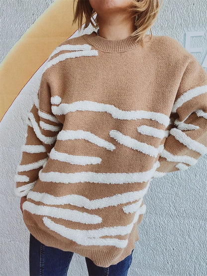 Elegant Contrast Round Neck Long Sleeve Sweater - adritiX