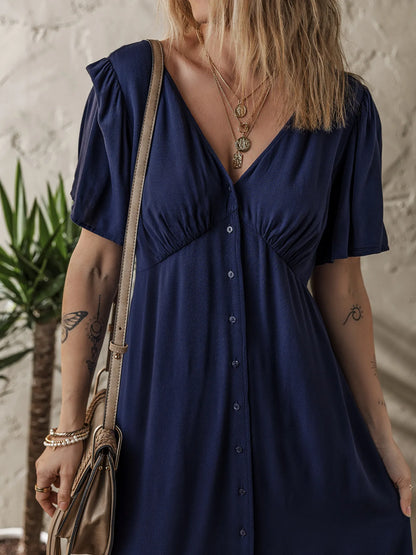 V Neck Buttoned Front Shirred Back Short Sleeve Midi Dress - adritiX