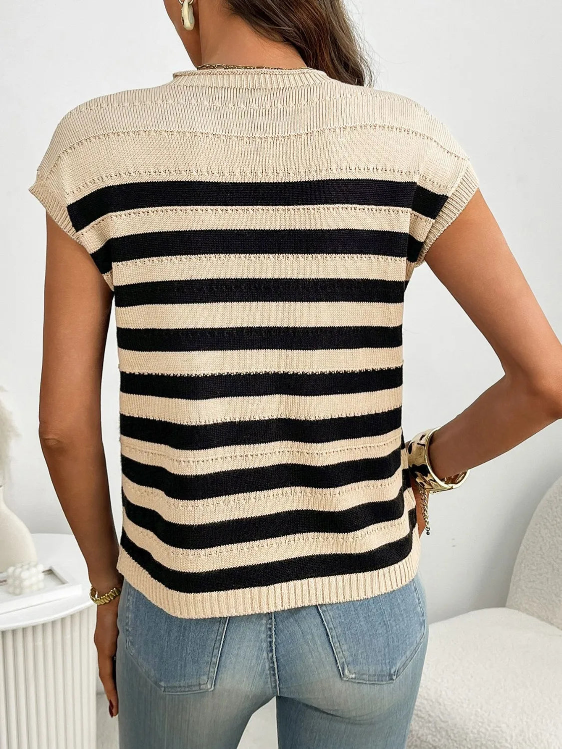 Striped Mock Neck Cap Sleeve Knit Top - adritiX