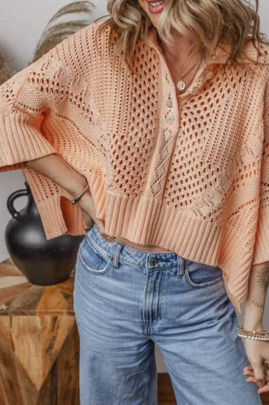 Cutout Collared Neck Three-Quarter Sleeve Sweater - adritiX