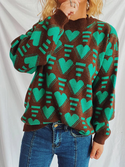 Elegant Heart Contrast Long Sleeve Dropped Shoulder Sweater - adritiX