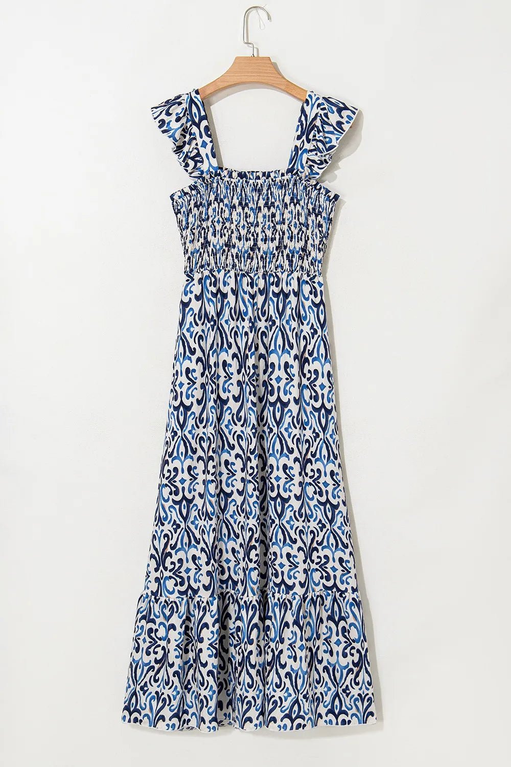 Smocked Printed Square Neck Dress - adritiX