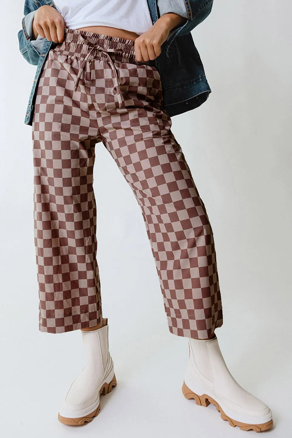 Checkered Elastic High Waist Loose Casual Pants - adritiX