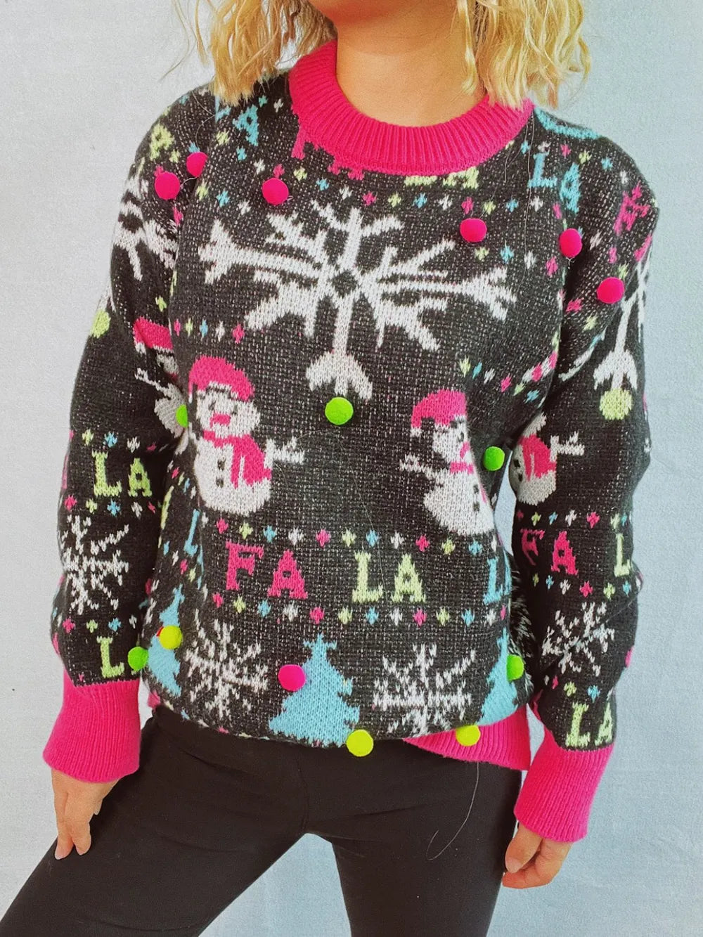 Elegant Snowman Contrast Trim Round Neck Sweater - adritiX