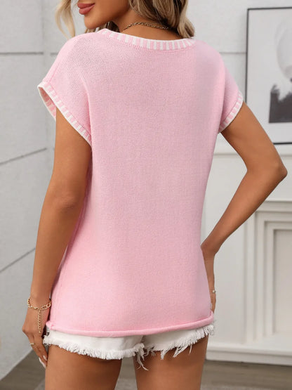 Contrast Trim V-Neck Short Sleeve Knit Top - adritiX