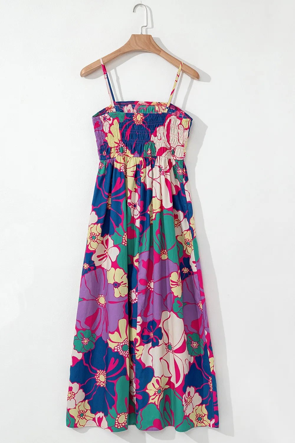 Floral Print Shirred Spaghetti Strap Loose Maxi Dress - adritiX